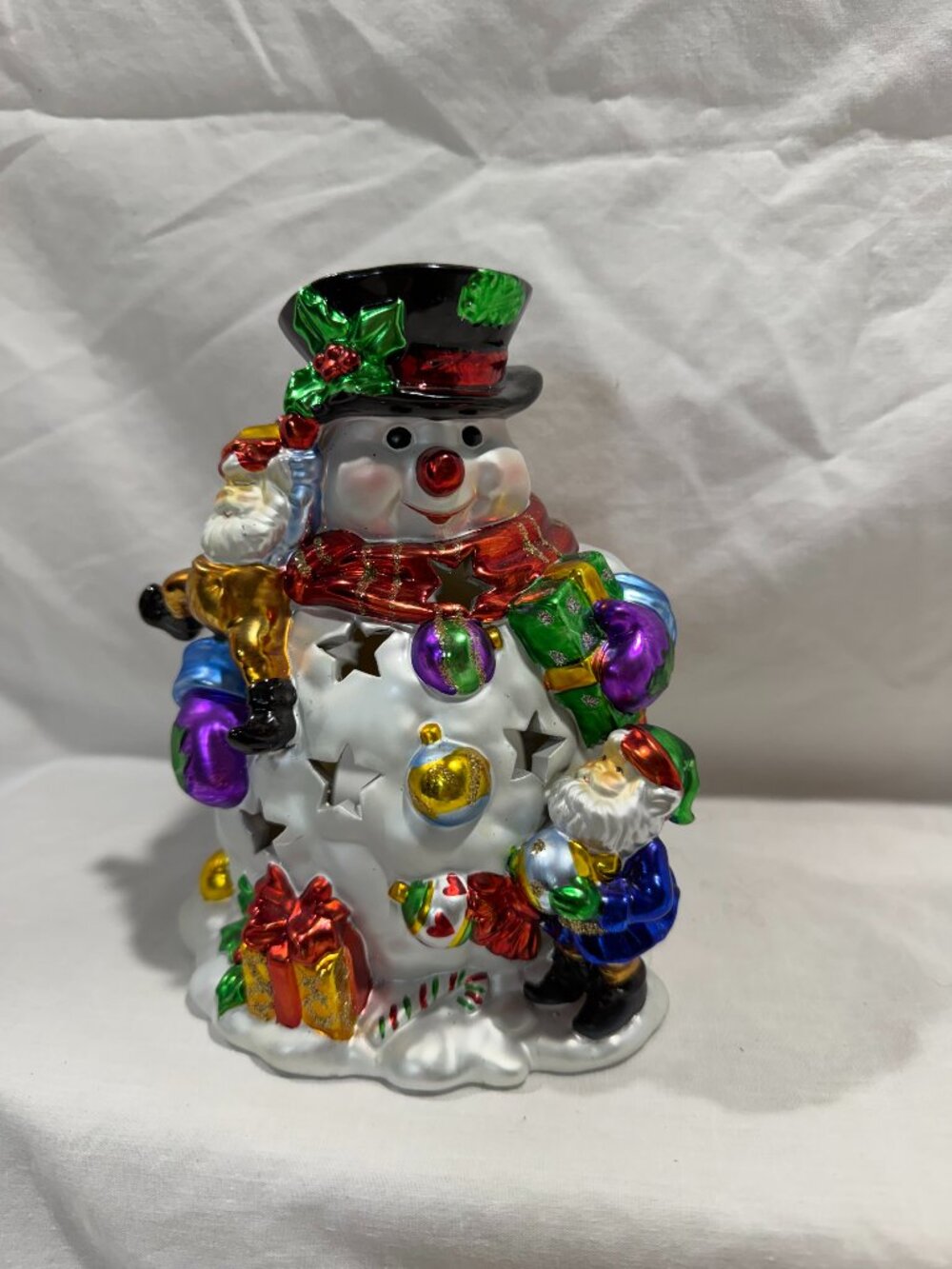 Vtg Christmas Around the World Shimmering Snowman Votive Candle Holder
